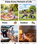 Portable Breast Milk Cooler With 24 Hour Surround Cooling Tech shown in outdoor settings during picnic, yoga, travel, and overnight.