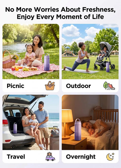 Portable Breast Milk Cooler With 24 Hour Surround Cooling Tech shown in outdoor settings during picnic, yoga, travel, and overnight.