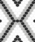 Geometric Black Peel And Stick Vinyl Floor Tiles Pack Of 10 12x12 Inches Water Resistant And Washable With Permanent Adhesive Easy No Mess Install Durable Flooring For Kitchen Bathroom Or Living Areas featuring a hexagon pattern in black, grey, and white.