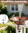 Deck Mount Bird Bath With Railing Clamp Solar Fountain 2 In 1 Feeder vintage brown bowl with bird and water feature.
