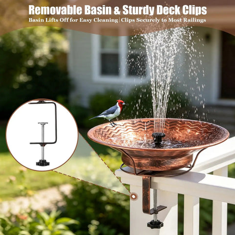 Deck Mount Bird Bath With Railing Clamp Solar Fountain 2 In 1 Feeder vintage brown bowl with bird and water feature.