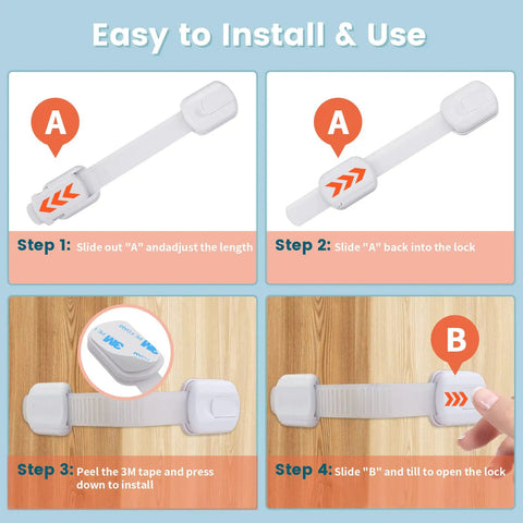 Installation steps for Kid Safe Safety Strap Locks For Fridge Cabinets Drawers Dishwasher And Toilet, 6 Pack