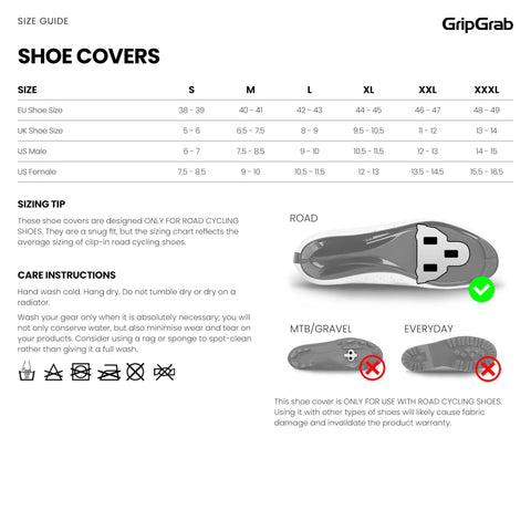Size guide and care instructions for Arctic Waterproof Deep Winter Road Bike Overshoes For Road Shoes No Fuss Easy On Off Cyclist