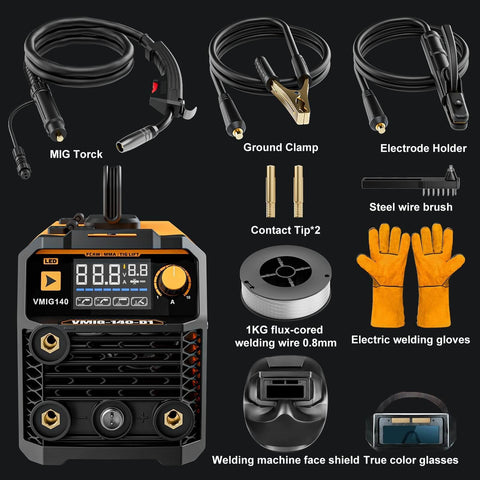 Three In One 110V Welder With 140 Amp Output, Flux Core MIG, Lift TIG, And Stick Welding, Large Digital Screen Display, Includes Welding Mask And Gloves, Great For Garage Repairs, Metal Fabrication, And DIY Projects featuring accessories like cables, welding gloves, and more.