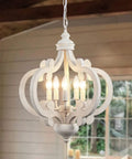 White French Country Five Light Chandelier With Antique Distressed Wood Cozy Farmhouse Rustic Pendant Light in living room