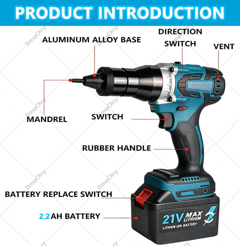 2 In 1 Cordless Rivet And Nut Gun Kit With M3 M12 Nut Heads Auto And Manual Riveting 2X 2.2Ah Batteries showing features