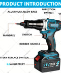 Diagram of Cordless Brushless Rivet Gun And Nut Tool Kit highlighting aluminum alloy base, rubber handle, and 2.2Ah battery