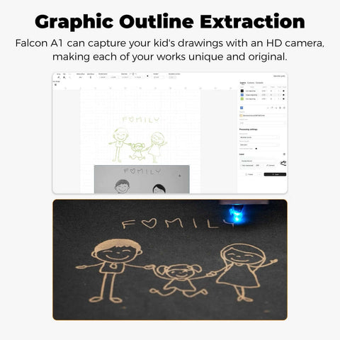 Creality Falcon A1 laser engraver: software UI screenshot and close-up of a family engraving on wood.