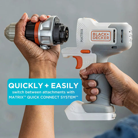 20V Max Matrix Cordless Drill And Driver Kit With Quick Connect System in use for fast head changes in a home project setting