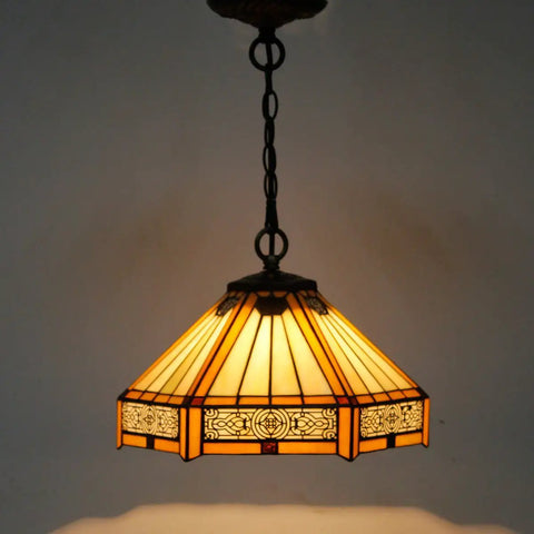 Tiffany Style Yellow Hexagon Pendant Light Fixture With Stained Glass, 12 Inch Wide Shade, Mission Hanging Lamp