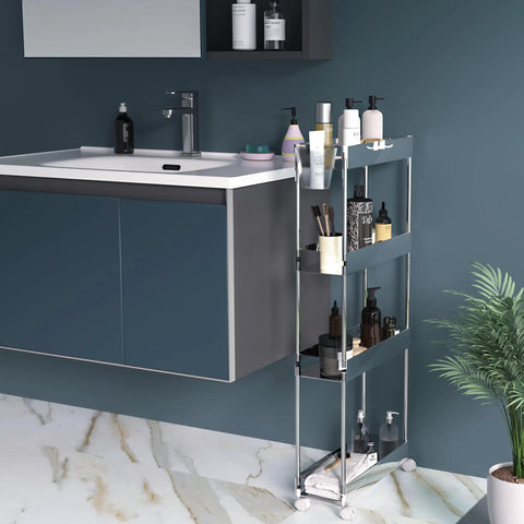 Go-To Slim 4-Tier Rolling Cart With Lockable Wheels And Handy Hooks And Bucket, A Mobile Utility Storage Solution For Office, Kitchen, Laundry, Bathroom And Living Room In Clear Finish placed next to bathroom sink