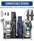 Garage Ready Golf Storage Organizer For Two Bags, Extra Large Stand With Shelves And Club Rack, fully loaded with bags and clubs