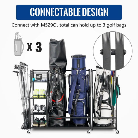 Garage Ready Golf Storage Organizer For Two Bags, Extra Large Stand With Shelves And Club Rack, fully loaded with bags and clubs