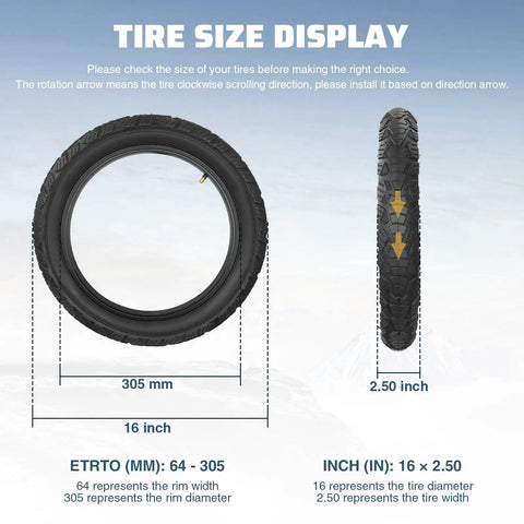 Fat Sixteen By Two Point Five Inch Electric Bike Tire With All Terrain Knobby Tread For E Trikes And E Bikes Foldable Replacement Tire For Snow Sand Mud And Dirt High Traction And Strong Grip Durable Heavy Duty Design. 16x2.5 tire size display