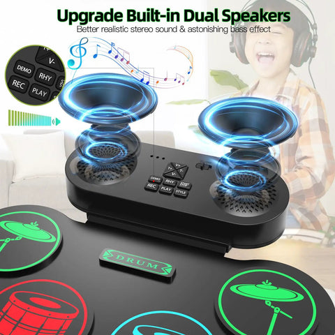 Roll Up 9 Pad MIDI Electronic Drum Set With Headphone Jack Built In Dual Speakers, child using kit, close-up of speakers