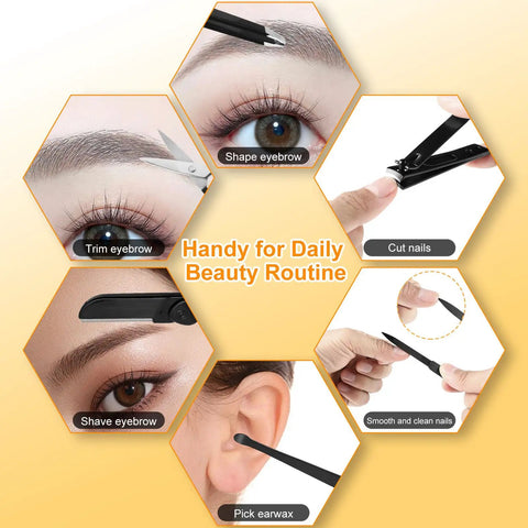 9 Piece Stainless Steel Eyebrow Tweezers Kit With Leather Travel Case grooming set in use for eyebrows, nails, and ears.