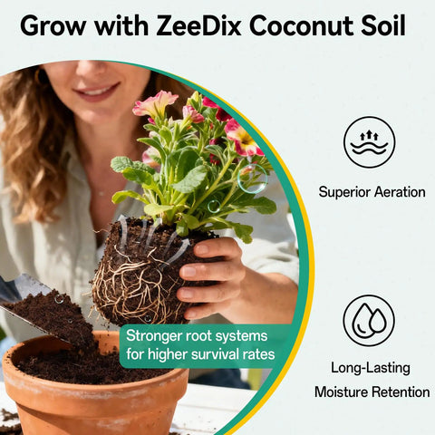 Woman planting flowers in a pot using 50 Pcs Coco Coir Pellets For Seed Starting Expand To About 3.96 Qt Potting Soil For Indoor Outdoor Gardens