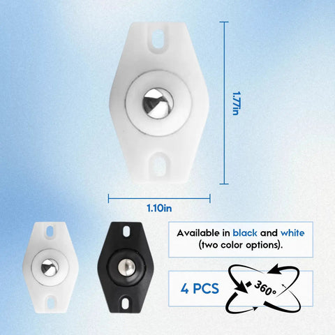 Set Of 12 Nifty Caster Ball Wheels For Furniture Drawers Bringing Slick Smooth Ride To Cabinets And Toolboxes With Zero Hassle Screw Mount Indoor Replacement Rolling Parts, four pieces in black and white.