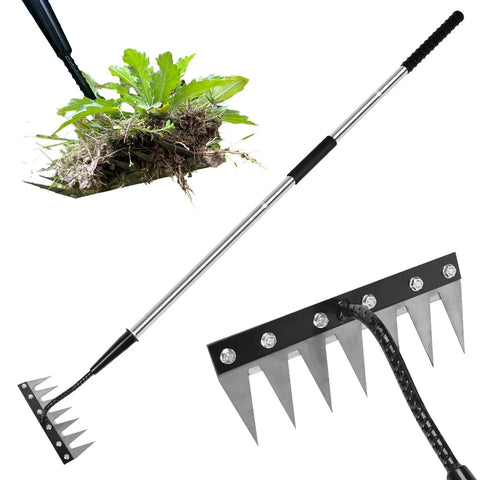 7-Tooth Iron Weeding Rake With Long Handle showing rust-resistant manganese steel head and stainless steel handle