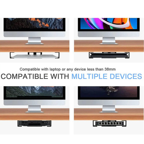 Hella Sturdy Under Desk Laptop Mount With Heavy Duty Metal Frame And Grippy Silicone Pad That Sucks Up Desktop Junk And Keeps Your Tech Locked Down For A Clean Workstation Setup In Silver showing compatibility with multiple devices.