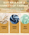 Image showing fabrics suitable for sewing, including white fabric, denim, and green silk, highlighting versatility for various projects.