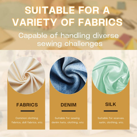 Image showing fabrics suitable for sewing, including white fabric, denim, and green silk, highlighting versatility for various projects.