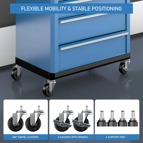 Heavy Duty 5 Drawer Rolling Tool Chest With Super Smooth Drawers To Glide Like Butter Secure Locking Wheels, showcasing 360° swivel casters.