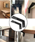 Badass Black Industrial Floating Shelf Brackets Two Pack mounted in kitchen supporting wooden shelves across various angles.