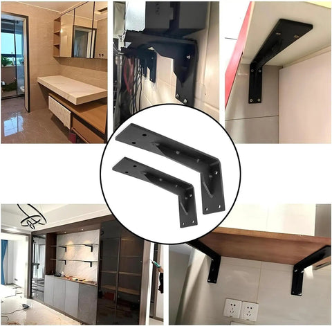 Badass Black Industrial Floating Shelf Brackets Two Pack mounted in kitchen supporting wooden shelves across various angles.