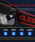 Rechargeable LED Headlamp With Motion Sensor, 5 Modes, showing power indicator function and battery status on black background.