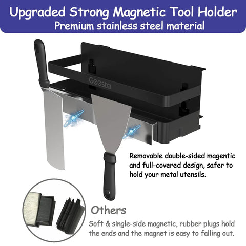 Upgraded Griddle Caddy For Blackstone 28 And 36 Inch Griddles And Weber Grills with magnetic tool holder and stainless steel spatulas.