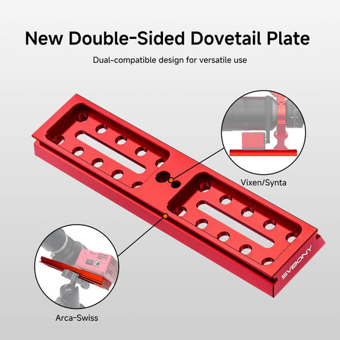 Red Go To Dual Sided Dovetail Mount Plate 185mm for SV555 APO, compatible with Vixen Synta and Arca Swiss mounts.