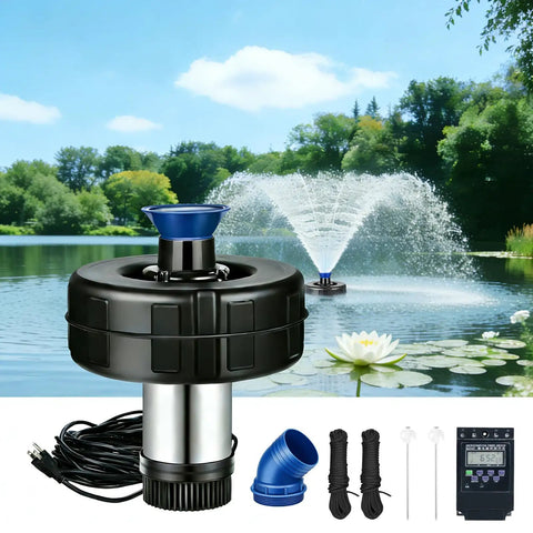 Beefed-Up 15000 GPH Pond Fountain Aerator with Timer, dual spray patterns in lake, 120ft cord visible; includes setup components