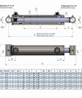 Rugged Workhorse Double Acting Hydraulic Cylinder With Cross Tube For Front End Loaders 1.5 Inch And 2 Inch Bore Multiple Stroke Options Eye To Eye 52 Inches Extended And 30 Inches Retracted Universal Hydraulic Cylinder For Tough Machines, dimensioned drawing