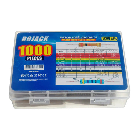 Massive 1000 Piece Resistor Kit With 25 Values From 1 Ohm To 1 M Ohm, 1 Percent Tolerance, One Half Watt Metal Film Resistors box