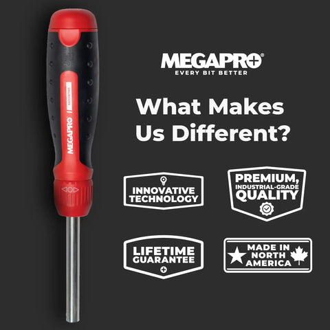 Ratcheting Screwdriver With Pullout Bit Cartridge For Easy Bit Change Red Handled Tool One Quarter Inch Hex Driver Alloy Steel Shaft