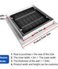 No Sweat 20X30 Inch Aluminum Louvered Access Panel With Integrated Filter dimensions for hole and outer size with installation notes.