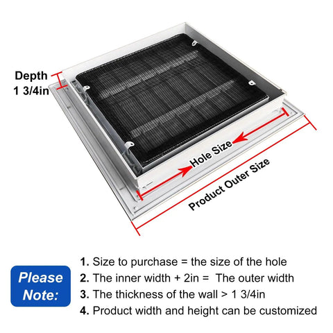 Rock Solid 16X20 Aluminum Access Panel Door With Included Washable Filter shown with dimensions and installation notes.