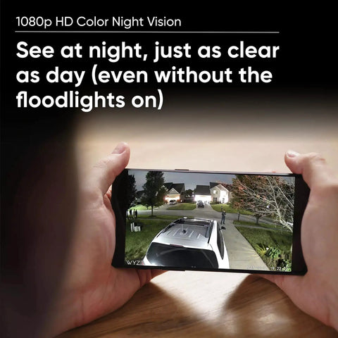 Smart Floodlight Security Camera With 2600 Lumens, 1080P HD, view of color night vision on mobile screen showing driveway and garden