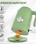 Retro Green 1.7L Stainless Steel Electric Kettle With Temperature Gauge Rapid Boil 1500W Auto Shutoff Boil Dry Protection BPA Free Large Capacity Tea Kettle For Home And Office in side view, highlighting the temperature gauge and safety features on the base.