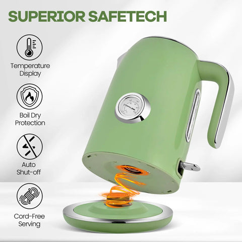 Retro Green 1.7L Stainless Steel Electric Kettle With Temperature Gauge Rapid Boil 1500W Auto Shutoff Boil Dry Protection BPA Free Large Capacity Tea Kettle For Home And Office in side view, highlighting the temperature gauge and safety features on the base.