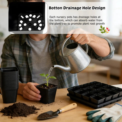 Gardener using 100 Black Square Seedling Pots, 2.6 Inch With Drain Holes, Plus 5 Plastic Seed Starter Trays Propagation Starter Kit