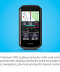 Premium GPS Cycling Computer with vivid color touchscreen and navigation features shown on screen.