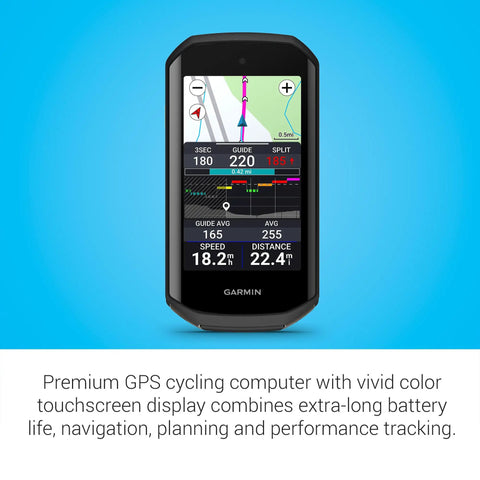 Premium GPS Cycling Computer with vivid color touchscreen and navigation features shown on screen.