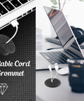 Black 2 Pack 2 Inch Cable Grommets For Desk And Table Cable Management placed on desk with laptop and USB cables visible