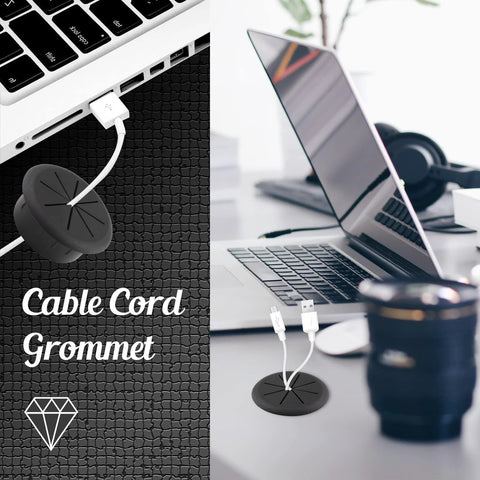 Black 2 Pack 2 Inch Cable Grommets For Desk And Table Cable Management placed on desk with laptop and USB cables visible