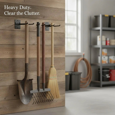 Iron Wall Mount Tool Rack For Garage, Heavy Duty Metal Organizer for shovels, rakes, and brooms on wooden wall panel