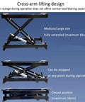 Heavy Duty Electric Scissor Lift Table With Wireless And Wired Remote Control Handles 45kg Loads Smoothly for indoor and outdoor projects, showing lifting positions.