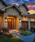 Top Shelves Two Pack Of 17 Inch Exterior Wall Sconces for house facades illuminating modern home entrance with warm glow.