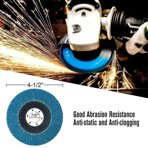 Pro Grade 4.5 Inch Flap Discs Set 5 Pack T29 Zirconia Grinding Wheels With 40 60 80 And 120 Grits For Metal And Stainless Steel Flap Sanding Discs For Angle Grinder Grind Like A Boss in use on metal, sparks visible.